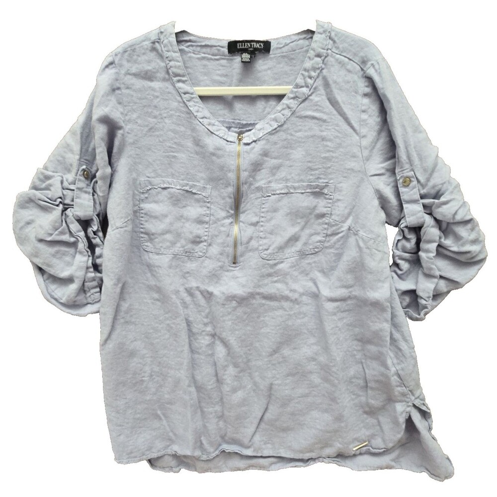 Ellen Tracy Linen Tunic Top 1X Gray 1/4 Tasseled Zip Roll Tab Sleeve Blouse